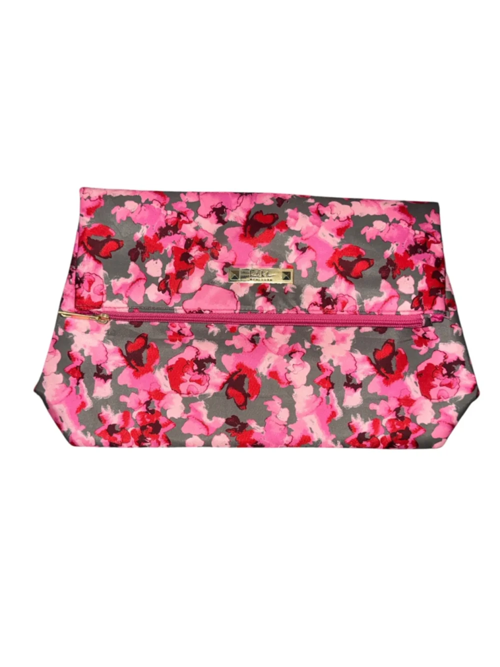 Nicole Miller New York Pink Floral Foldover Clutch Purse Cosmetic Bag